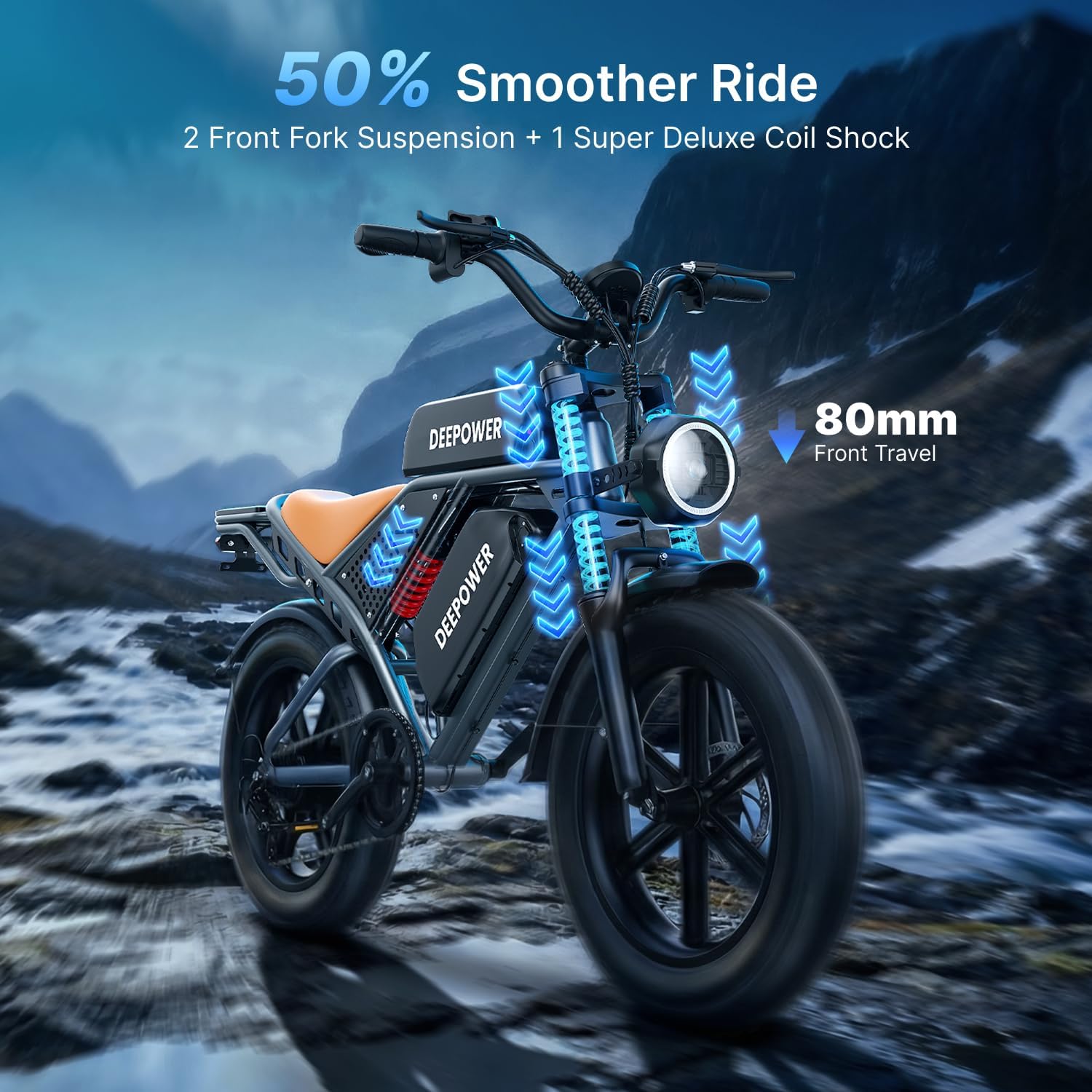 DEEPOWER Electric Bike for Adults,2000W Peak Motor&28MPH Electric Dirt Bike，48V 20AH/35AH/60AH Battery, 70-160 Max Miles,Dual Suspension Ebikes for Adults, 20' Fat Tire E Bike