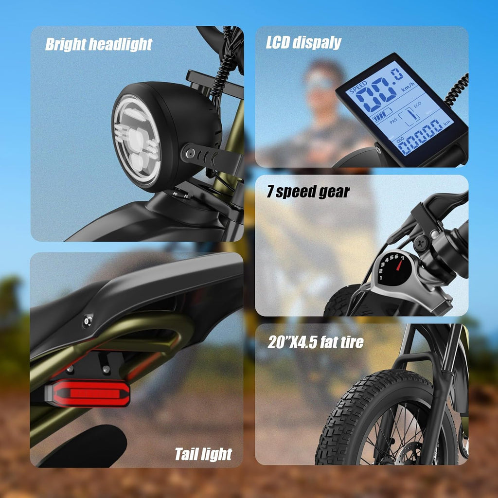 BIGNIU Electric Bike for Adults – 20' Fat Tire, Peak 1200W Motor, 48V 15A Battery, 7-Speed, Dual Disc Brakes for Off-Road and City Riding BG-S