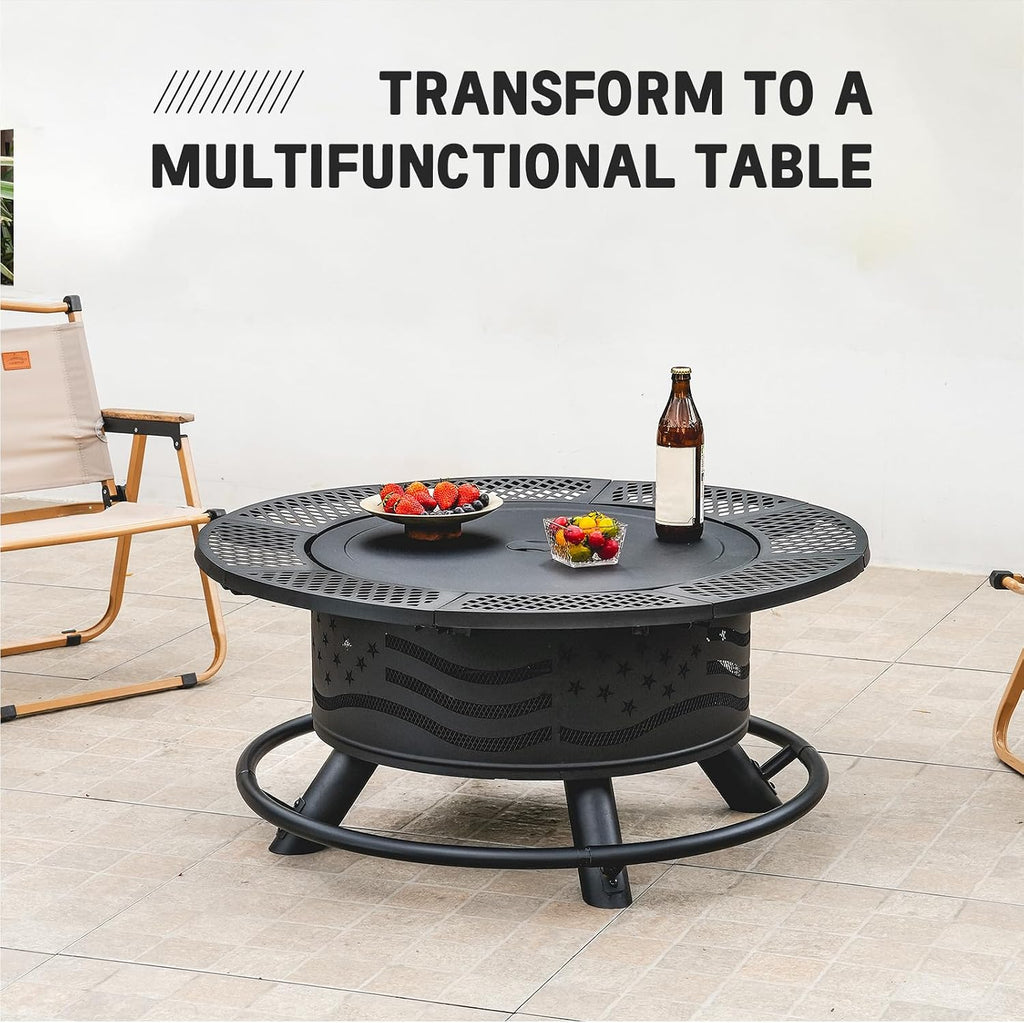 Panovue 36 Inch Fire Pit with 2 Cooking Grates, Outdoor Wood Burning BBQ Grill Firepit Bowl with Cover Lid, Steel Round Table for Backyard Bonfire Patio Picnic (Black, 36IN)