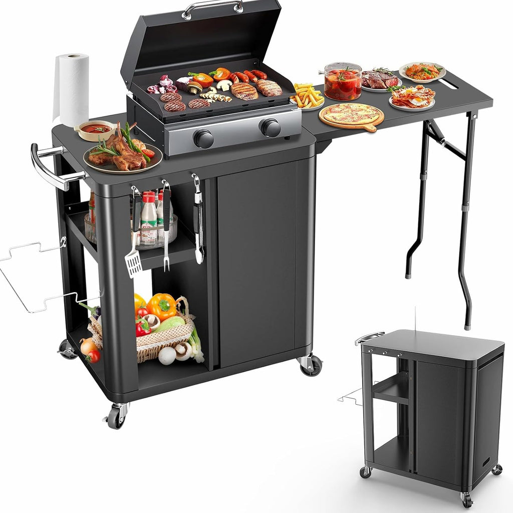 Outdoor Grill Table Cart 57'x24'x35', Outdoor Kitchen Island with Storage & Large Tabletop for Blackstone Griddle, Ooni Pizza Oven, Ninja Woodfire Grill, BBQ Station, Dining Cart, Rolling BBQ Table