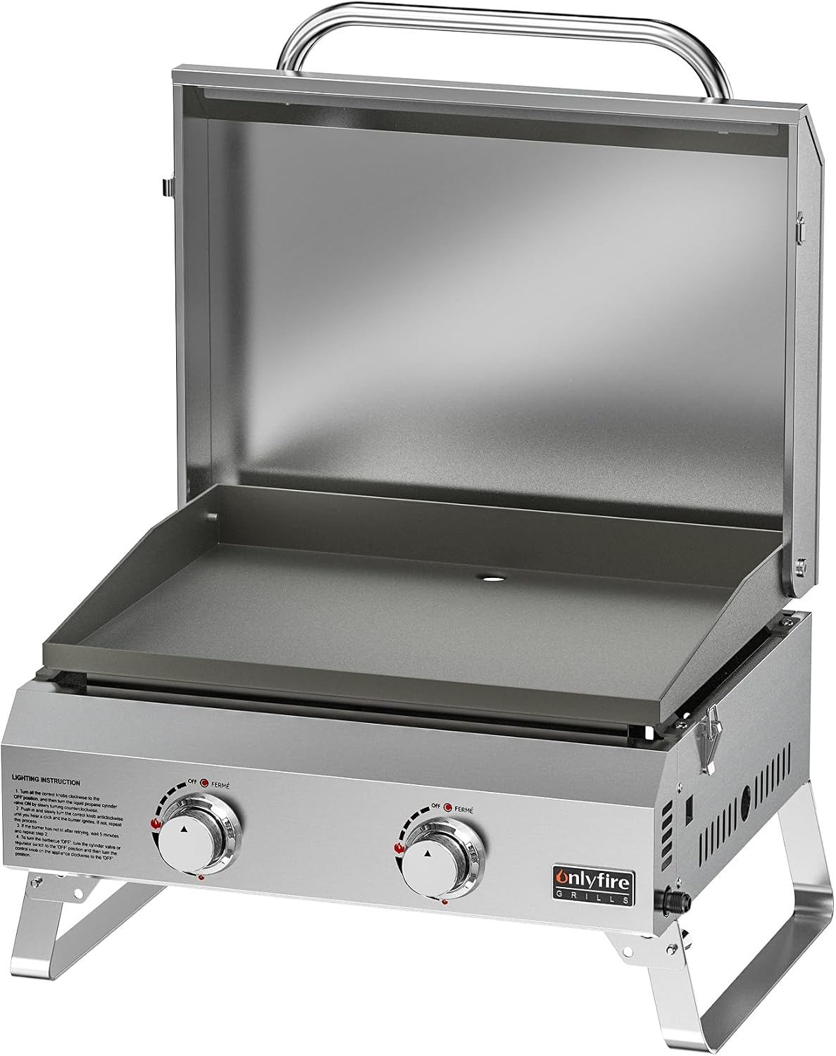 ONLYFIRE GRILLS Tabletop Gas Griddle with Foldable Legs, 2-Burner BBQ Propane Flat Top Griddle, Portable Gas Stove for Outdoor Cooking Patio Party Camping Tailgating RV, Stainless Steel, GS318