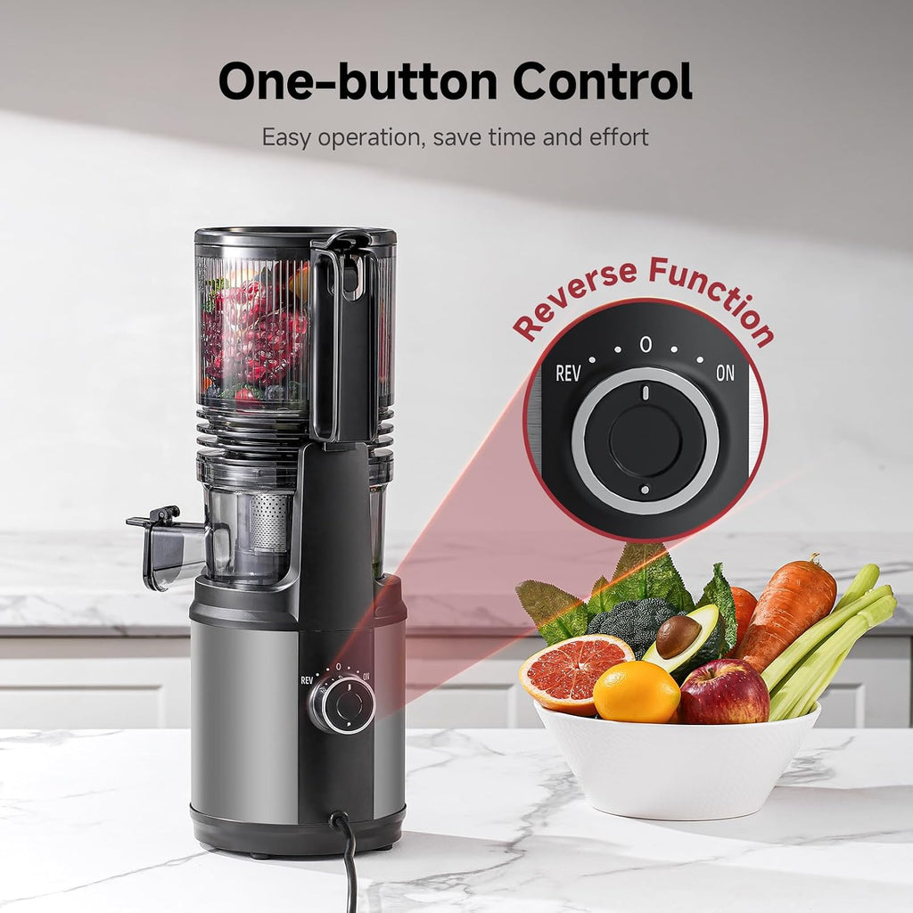 Cold Press Juicer Machine with 6' Extra-Wide Feed Chute,Triple Stainless Steel Filter,Quiet DC Motor,Easy to Clean,Slow Masticating Juicer High Juice Yield,Grey