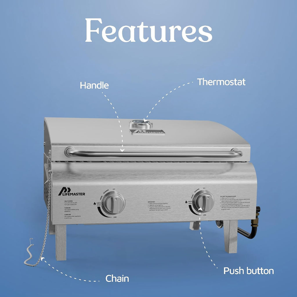 Lifemaster Portable Stainless Steel Gas Grill - 2 Burners Easy Clean Tabletop BBQ Propane Gas Grill with Foldable Legs and Wind Proof Lid for Camping and Outdoor - Silver