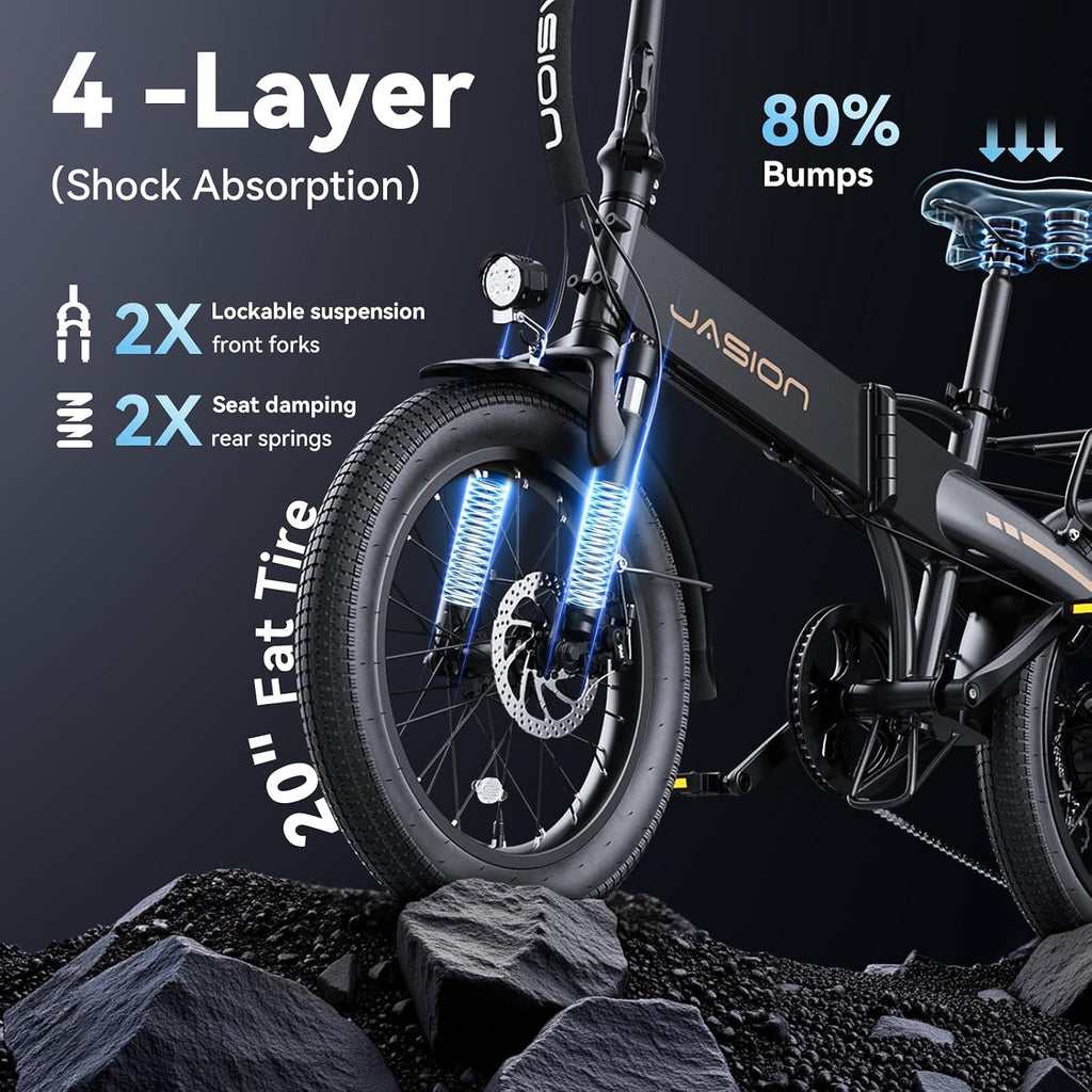 Jasion EB6 Foldable Electric Bike for Adults,【1200W Peak Motor, 25 MPH, 50 Miles Range】 20' Fat Tire Ebike with 48V Built-in Battery, Lightweight Aluminum Frame E Bike for Commuting, Off-Road, Travel