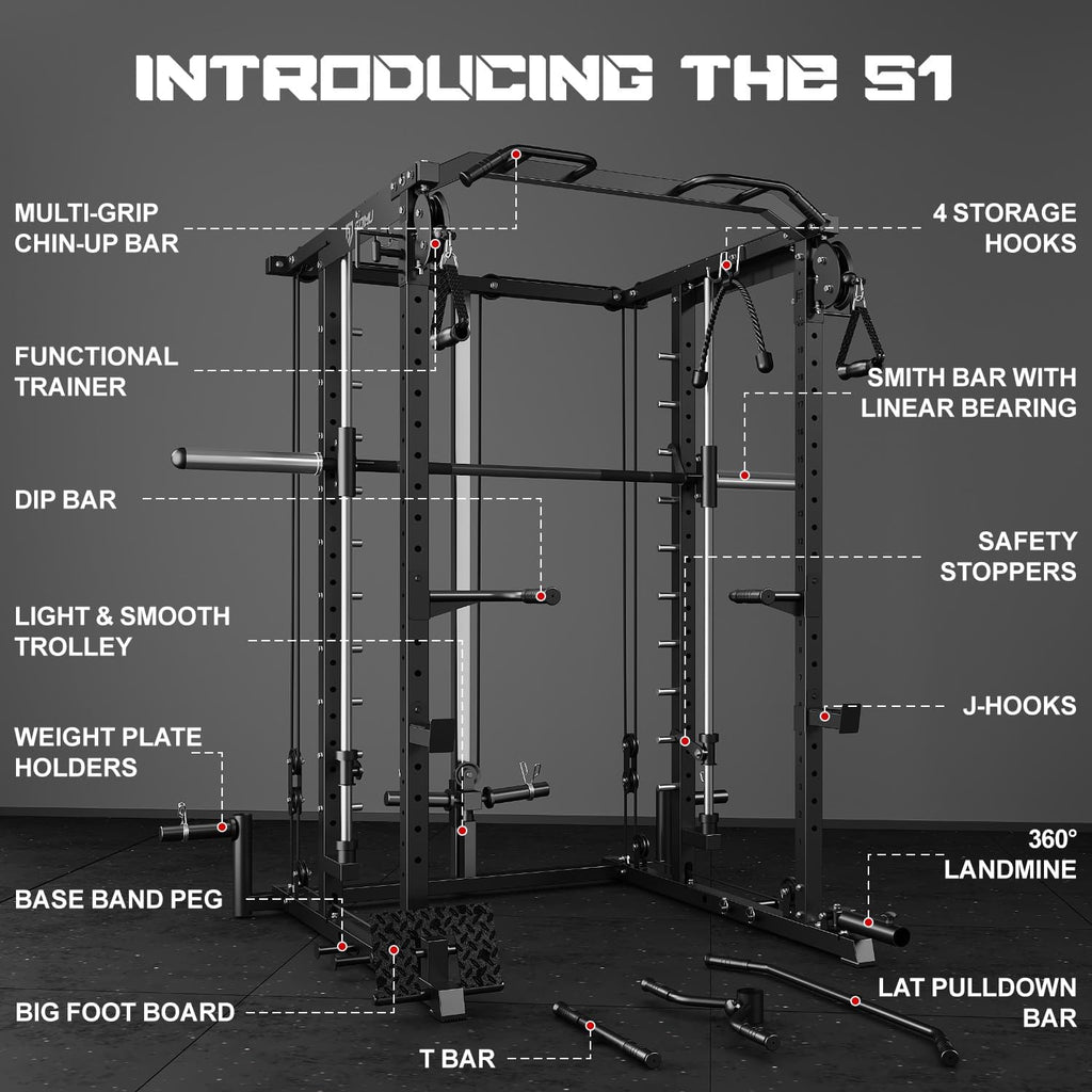 S1-V4 Smith Machine, 2000LBS Power Cage with Cable Crossover System, All-in-One Squat Rack with Smith Bar, Strength Training Equipment for Hone Gym