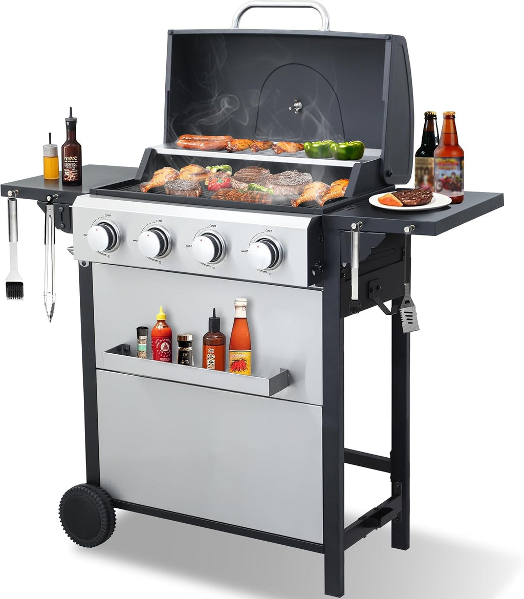 4-Burner Propane Gas Grill with 2 Foldable Side Tables, 34,200 BTU Outdoor BBQ Grill with Porcelain-Enameled Flame Tamers, Built-in Thermometer, Easy Assembly for Patio, Backyard BBQ