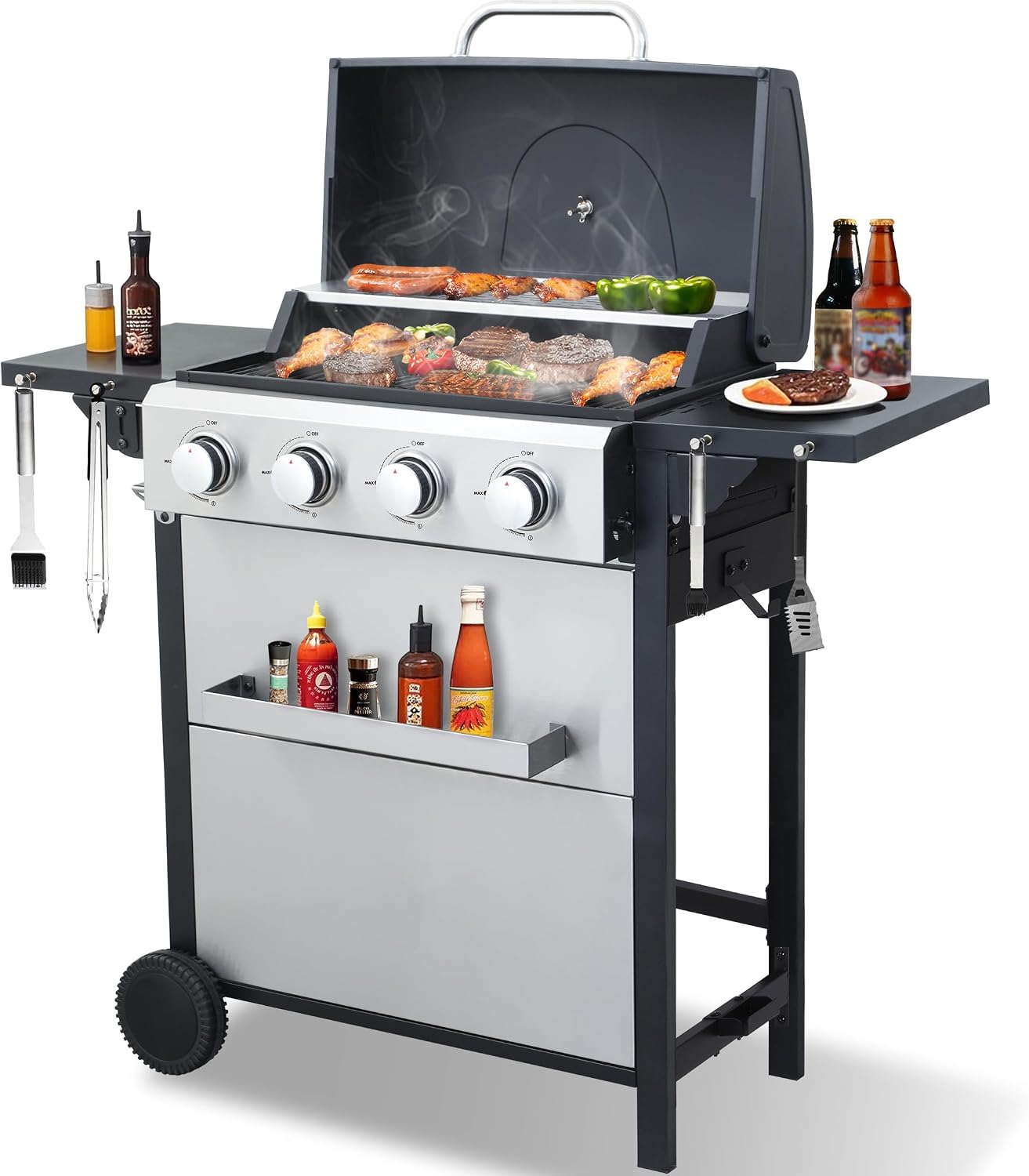4-Burner Propane Gas Grill with 2 Foldable Side Tables, 34,200 BTU Outdoor BBQ Grill with Porcelain-Enameled Flame Tamers, Built-in Thermometer, Easy Assembly for Patio, Backyard BBQ