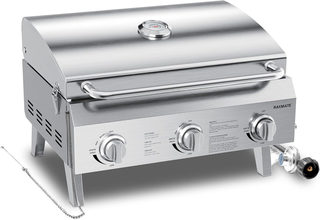 Tabletop Gas Grill 3-Burner, 22-inch Portable Propane Grill, 30,000 BTUs Stainless Steel Grill with Foldable Legs, Ideal for BBQ, Camping, Patio, Backyard, Tailgate, and Holiday Gatherings