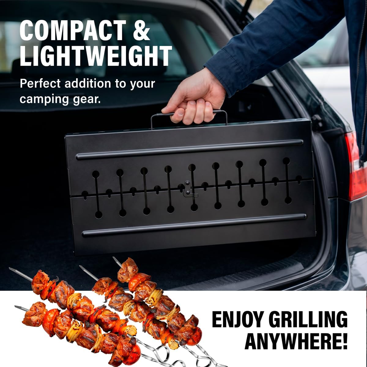Charcoal Grill for 12 Skewers - Portable Barbecue Camp Grills Mangal Schaschlik - Foldable Metal Mangal - Kebab Shish BBQ for EDC Picnic Outdoor Cooking Camping Hiking (Skewers Not Included)