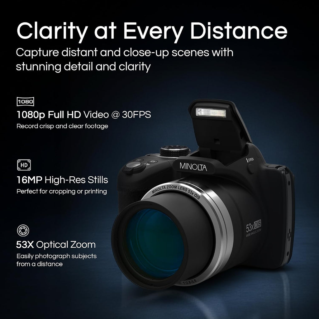 Minolta Pro Shot 16MP HD Digital Camera – 53x Optical Zoom, 1080p Full HD Video, Optical Stabilization, 3-inch LCD, Panorama, HDR, Face Detection, Smart Modes, 16GB Card (Black)