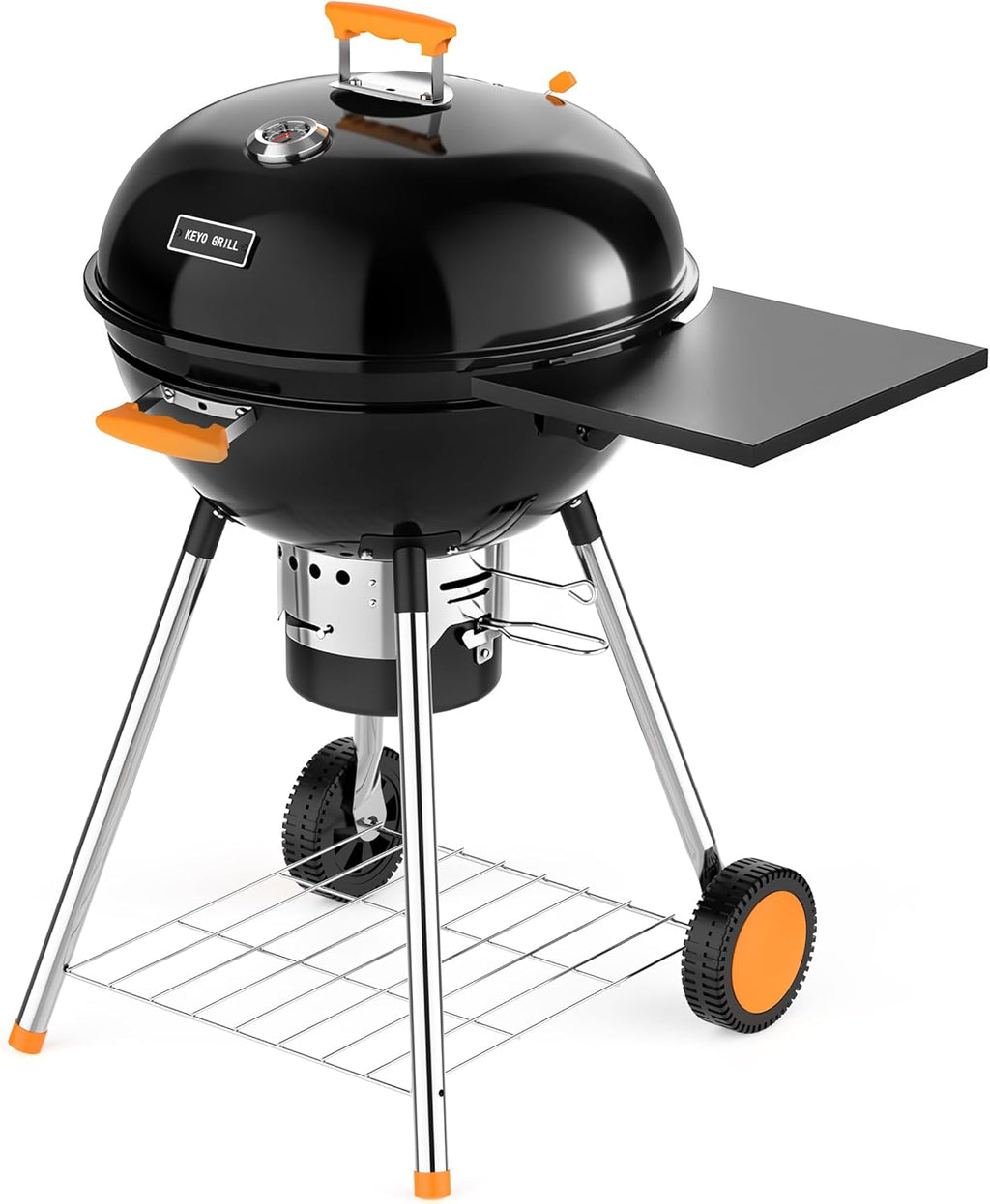 KEYO GRILL 22.5-inch Kettle Charcoal Grills, Portable Charcoal Grill with Adjustable Vents, One Click Cleaning System, Foldable Side Table Outdoor BBQ Grill for Camping, Tailgating and Backyard