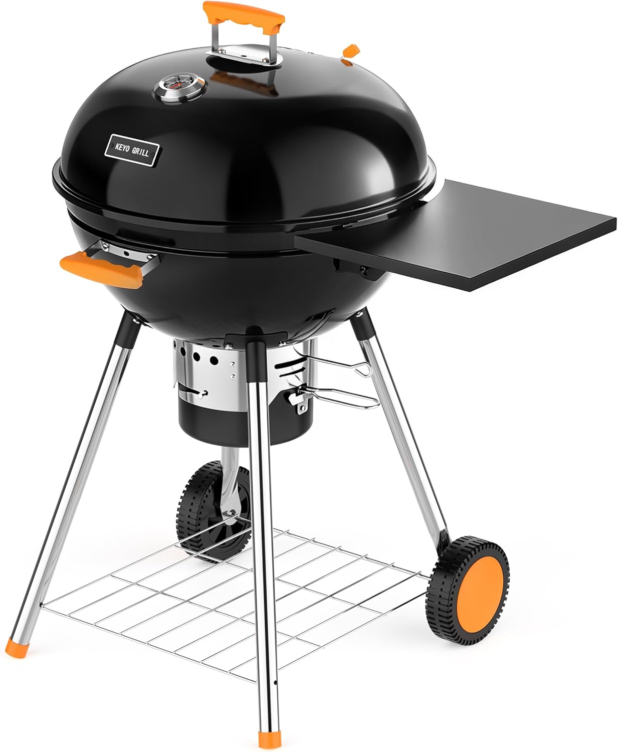 KEYO GRILL 22.5-inch Kettle Charcoal Grills, Portable Charcoal Grill with Adjustable Vents, One Click Cleaning System, Foldable Side Table Outdoor BBQ Grill for Camping, Tailgating and Backyard