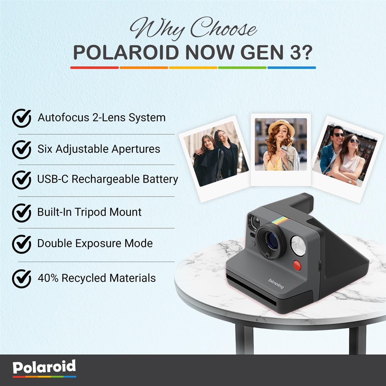 Polaroid Now Generation 3 I-Type Instant Camera (Black) Bundle with Color I-Type Film (8 Exposures), Hard Protective Case and Wrist Strap