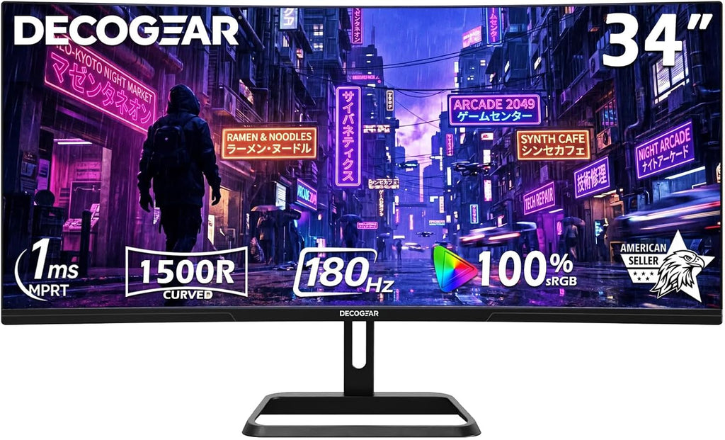 Deco Gear 34' Curved Gaming Monitor, 180Hz 3440×1440 Ultrawide UWQHD Screen for Laptop & PC, Adaptive Sync, R1500 VA Panel, HDR, 100% sRGB, Dual HDMI/DP, 21:9, VESA Mount, American Seller