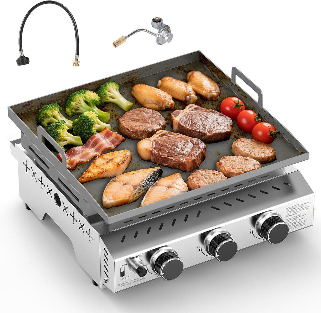 COWSAR Stainless Steel Portable Grill with 3 Burners, 24 Inch Tabletop Gas Grill with Cooking Grate for Camping, Outdoor Cooking, Patio&Garden