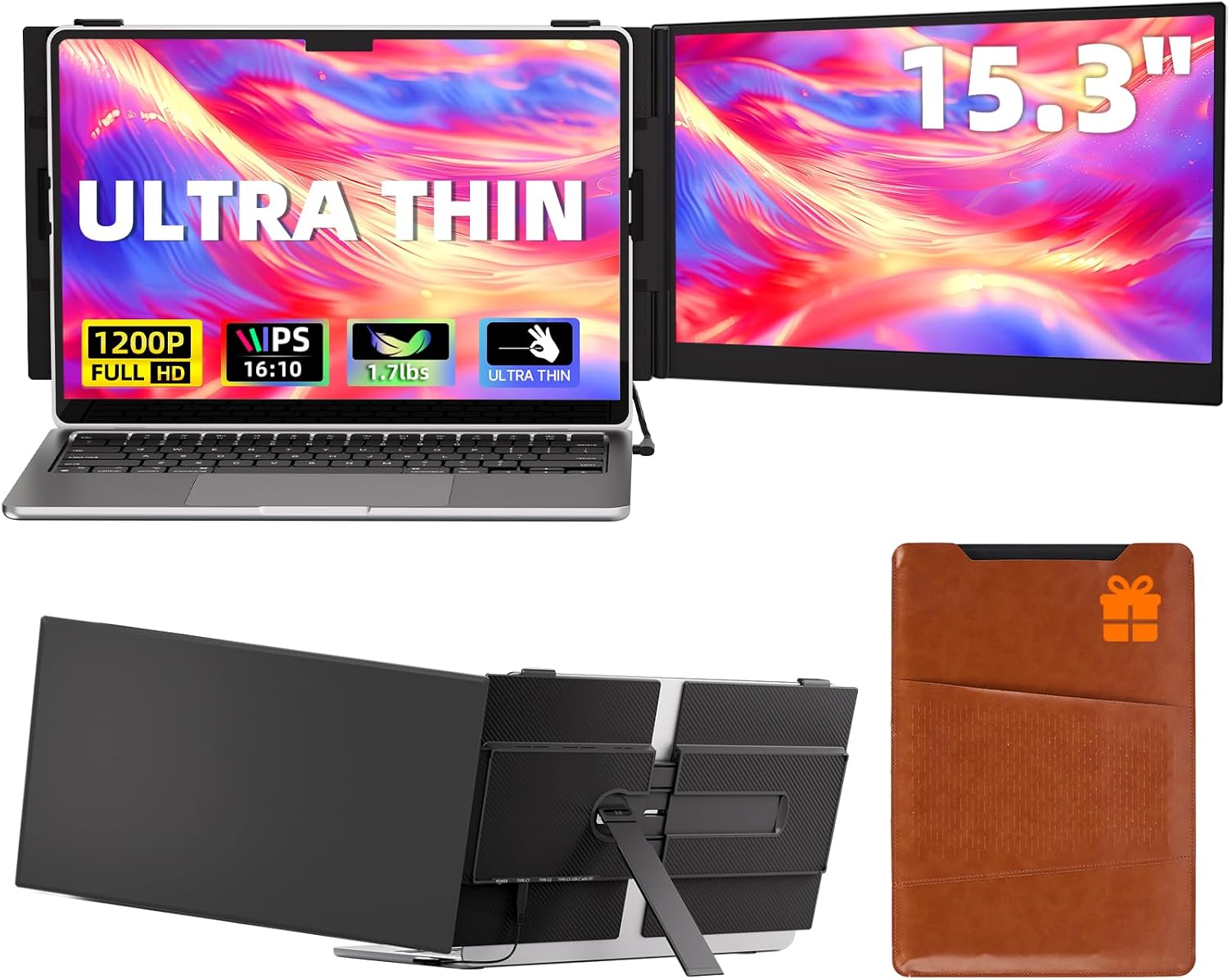 Laptop Screen Extender, 15.3' 16:10 IPS 100% sRGB Portable Travel Monitor for Laptop, FHD 1200P External Display Screen, Dual Screen Attachment Plug & Play for Mac Windows