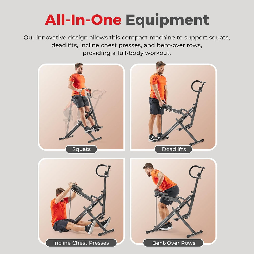 Sunny Health & Fitness Row-N-Ride Squat Machines, Adjustable Resistance and Seating/Handle for Home Glutes Training, SunnyFit App Access Included