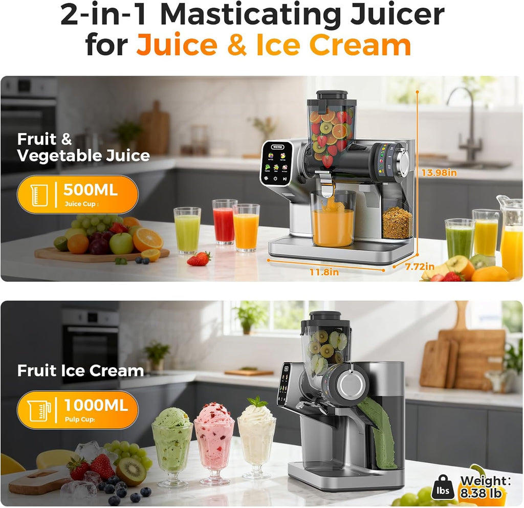 WETIE Cold Press Juicer, Slow Masticating Juicers Machines with Touch Screen, Adjustable Juicing Pressure, 99% Juice Yield, 3.54'' Wide Chute Juicer Extractor, Easy to Clean with Brush & Recipes