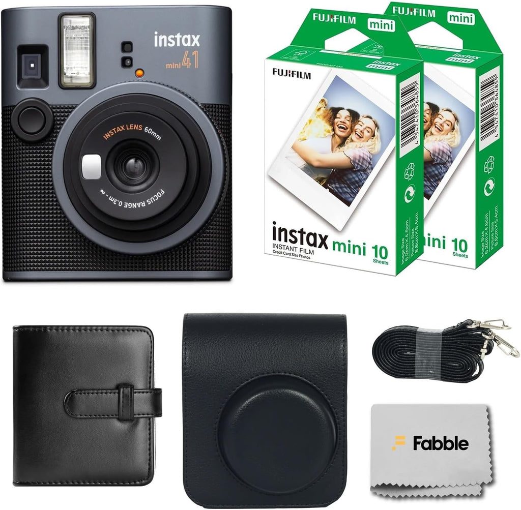 Fujifilm Instax Mini 41 Instant Film Camera Bundle with Groovy Case, Twin Pack Film (20 Sheets), Photo Album (32 Photos), –Vintage Black