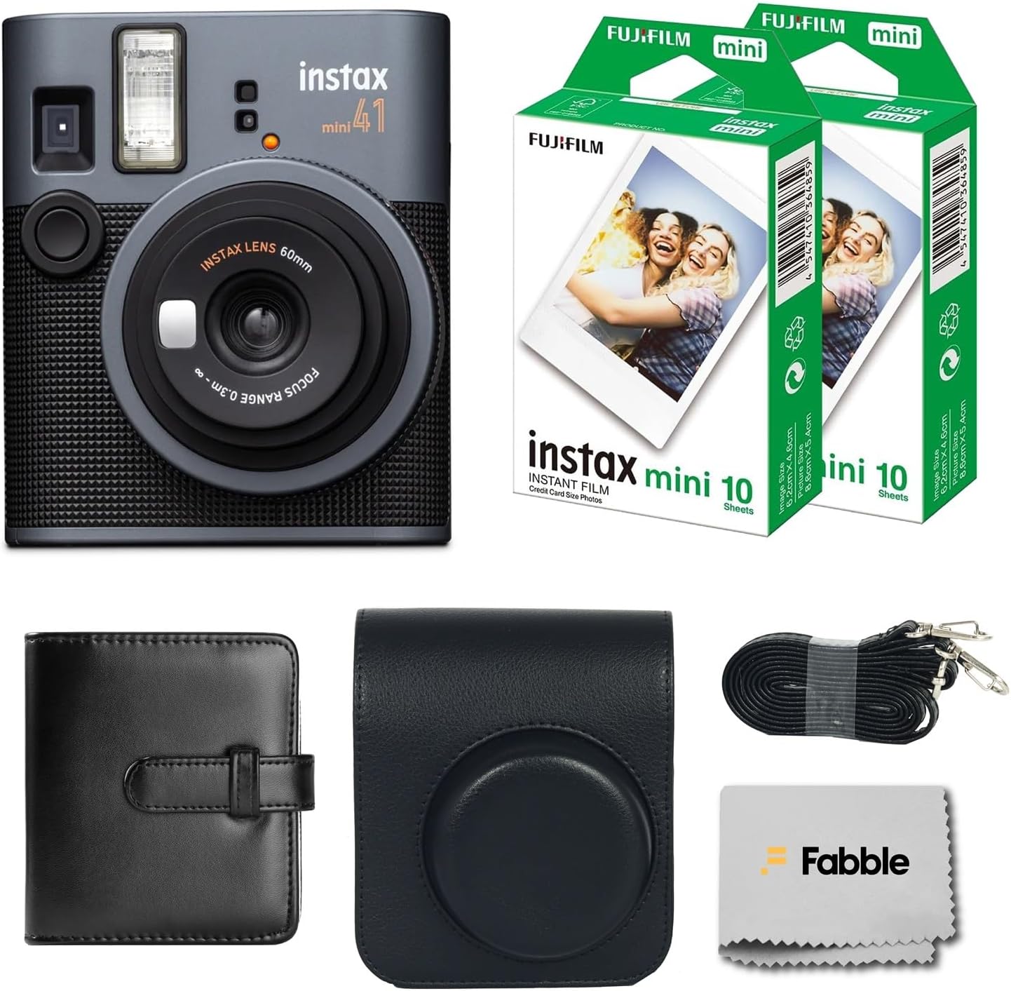 Fujifilm Instax Mini 41 Instant Film Camera Bundle with Groovy Case, Twin Pack Film (20 Sheets), Photo Album (32 Photos), –Vintage Black