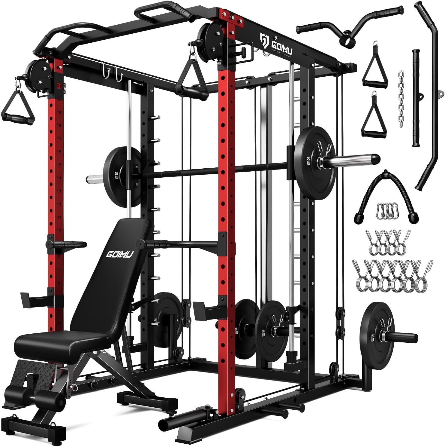 S1-V4 Smith Machine, 2000LBS Power Cage with Cable Crossover System, All-in-One Squat Rack with Smith Bar, Strength Training Equipment for Hone Gym