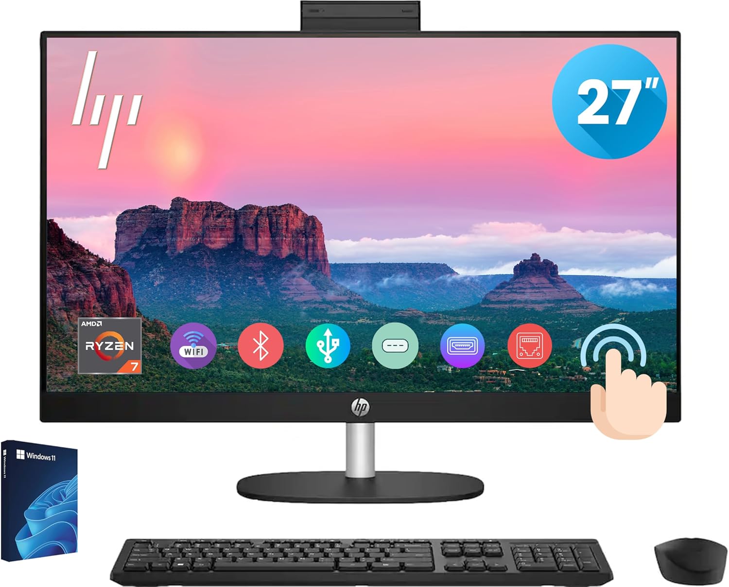 HP 27' Touch-Screen All-in-One PC, AMD 8-core Ryzen 7 7730U Processor(Outperforms Core-i7-1355u in Multi-core Tasks),64GB RAM, 2TB SSD, Anti-Glare FHD Display, USB,HDMI, Wireless KB&M, Win 11, Black