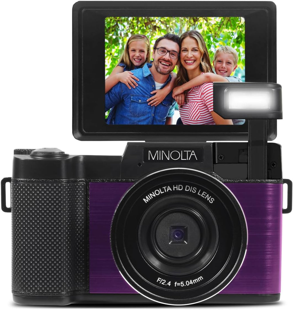 Minolta 30MP Digital Camera – 2.7K Ultra HD Video, 3-inch 180° LCD Screen, Face Detection, Anti-Shake, 9 Scene Modes, Photo Burst, Panorama, CMOS Sensor, 32GB Card (Purple)