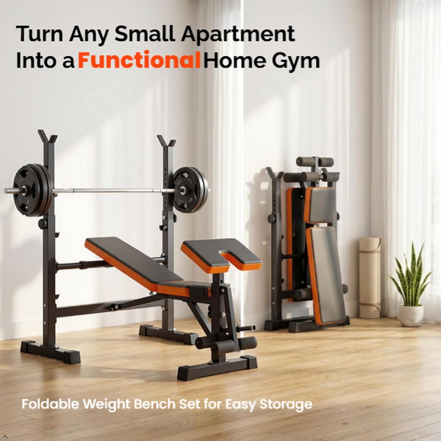 Yoleo Weight Bench with Rack - Bench Press Set, Leg Extension, Preacher Curl & Flat/Incline/Decline Full Body Workout Bench, Adjustable Olympic Weight Benches for Home Gym(47.44IN WIDE GRIP)