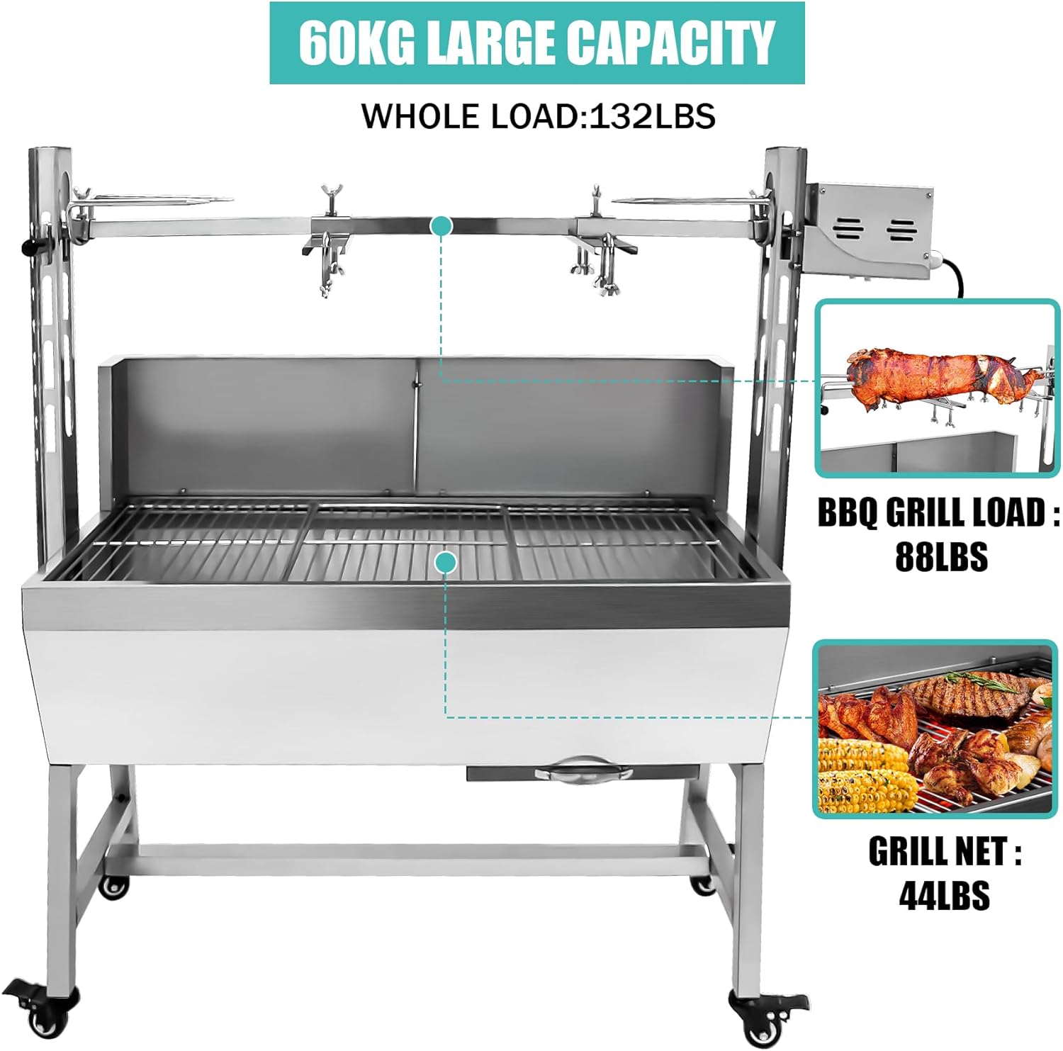 Rotisserie Grill With Windscreen, BBQ Whole Pig Lamb Goat Charcoal Spit Grill, 37 Inch 132Lbs Capacity, Electric 25W Motor Stainless Steel Roaster With Lockable Wheels, For Camping Outdoor