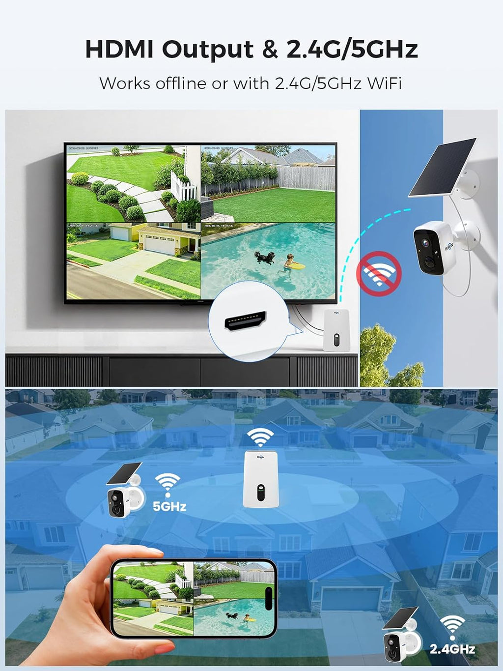 Hiseeu Solar Camera Outdoor Wireless, 4 Cam-Kit, No Subscription, Expandable to 10CH, Home Security Camera System, 2K Color Night Vision, PIR/AI Detection, IP66, 2.4G & 5G WiFi, 1TB Local Recording