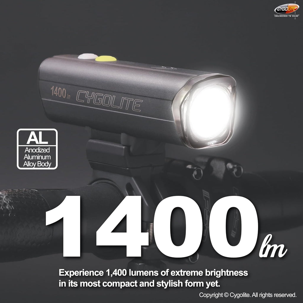 Cygolite Velocity 1600, 1200, 1000, 800 Lumen USB-C Bike Lights – Anodized Aluminum Alloy – 9 Light Modes – Fine Tunable Brightness - Compact, IP67 Waterproof – Hard Mount – Road & Mountain