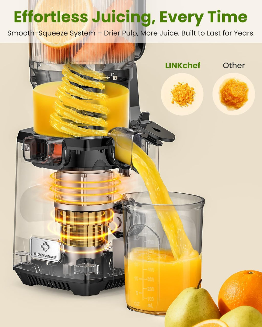 LINKChef Cold Press Juicer Machines, 130mm Diameter and 1.8L Capacity Juicers Whole Fruit and Vegetable, 250W Masticating Slow Juicer with Automatic Cutting, BPA-Free Tritan