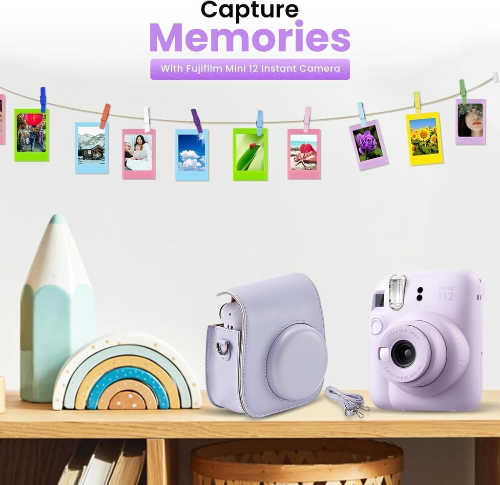 FUJIFILM INSTAX Mini 12 Holiday Bundle 2025 | with Extra Instax Mini Film + 4 Pk AA Batteries & Sunshine Photo Microfiber Cleaning Cloth (10 Items) (20 Sheets, Lilac Purple)