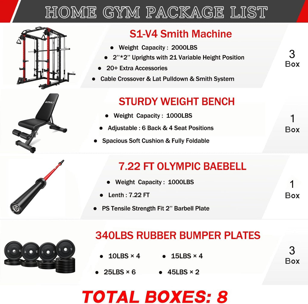 S1-V4 Smith Machine, 2000LBS Power Cage with Cable Crossover System, All-in-One Squat Rack with Smith Bar, Strength Training Equipment for Hone Gym