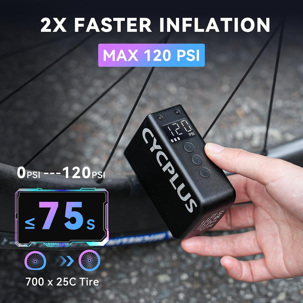 CYCPLUS AS2 Pro Max Tiny Pump Mini with Gauge, Max 120 PSI Cordless Bicycle Air Pump, Auto Stop, with Presta and Schrader Valve for Car, Motorcycle, Bike and Ball (2025 Updated Version)