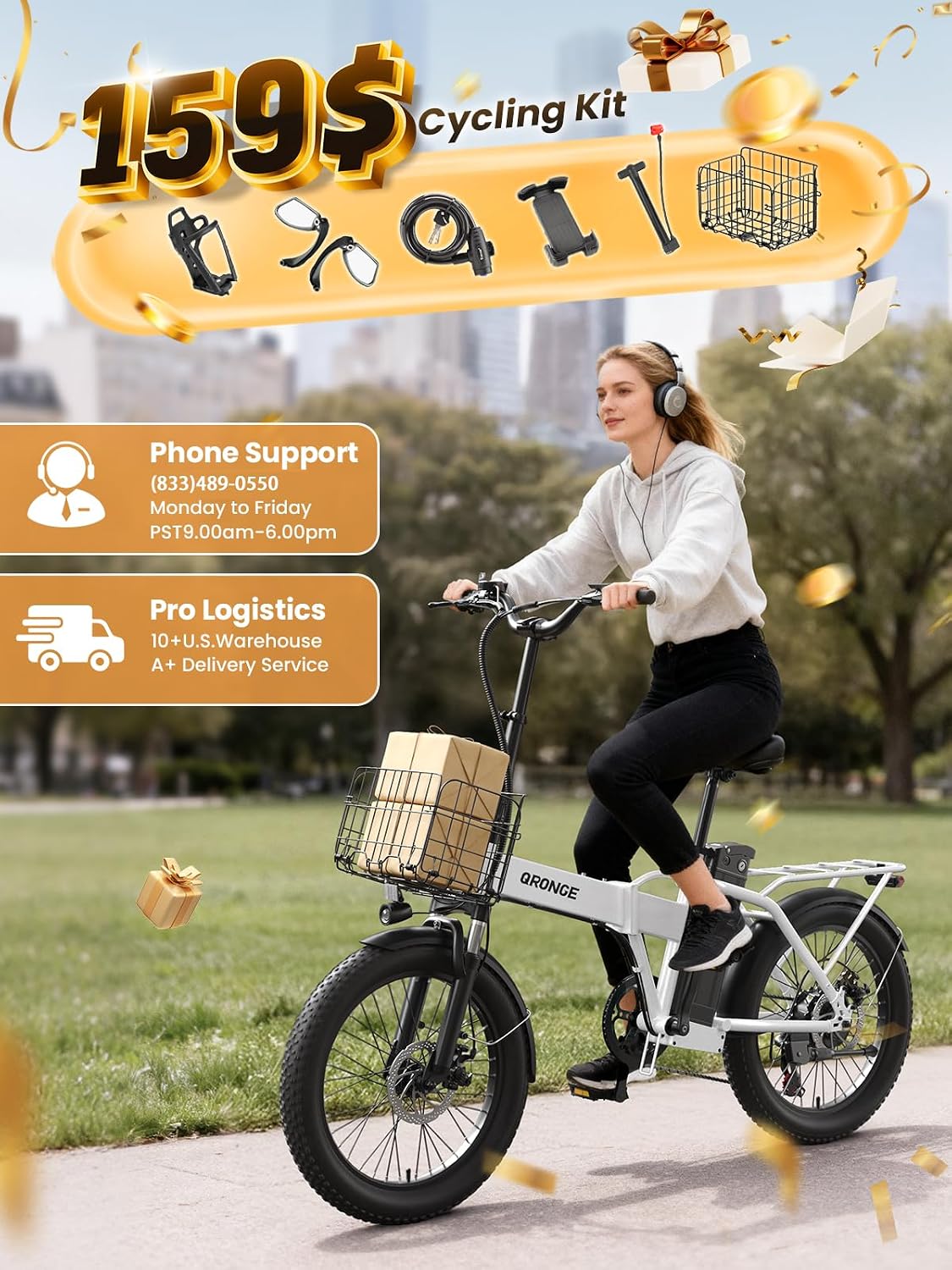 QRONGE Folding Electric Bike, E-Bike Foldable 1000W Peak, 48V 13.5AH Removable Battery Ebike, 20' Fat Tire, 70 Max Miles Range, 28maxMPH, Electric Bike for Adults, Adult Electric Bicycles for Commute