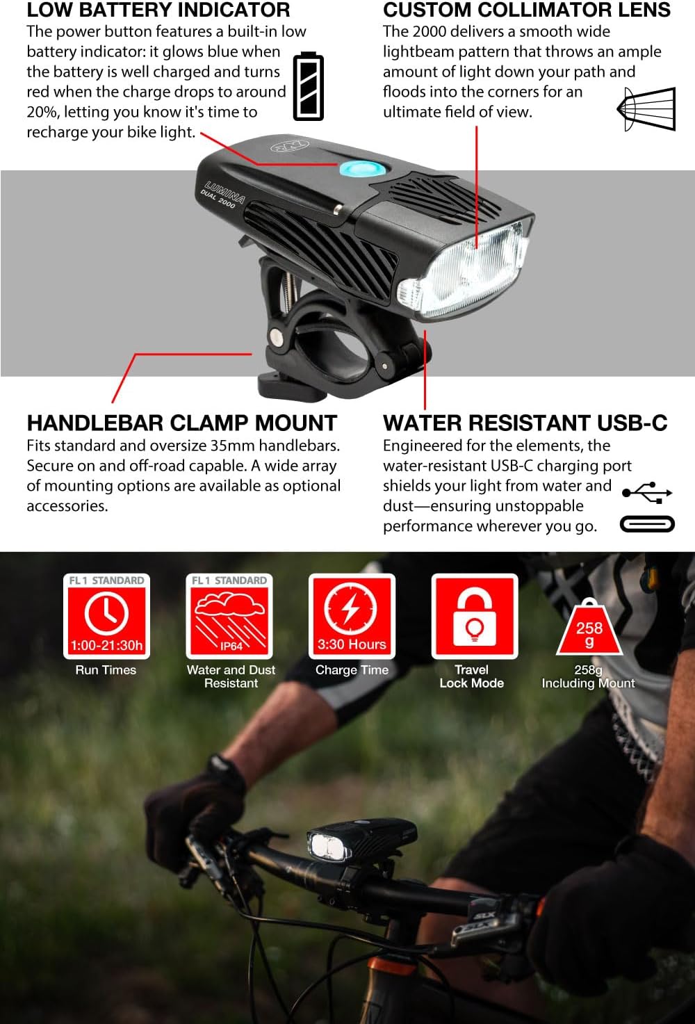 NiteRider Lumina Dual 2000 Lumen USB-C Rechargeable Dual LED Front Bike Light - 7 Modes Powerful Lumens IP64 Waterproof Bike Headlight Easy Mount Single Button Control MTB, Trail, Enduro, Road Cycling