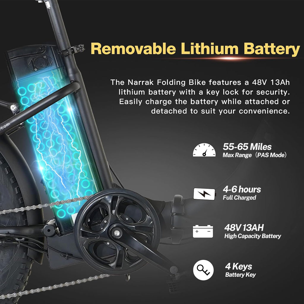 NARRAK Fat Tire Folding Electric Bike, 48V & 624Wh Lithium Removable Battery, Peak 1100W Brushless Motor, Max Speed 20Mph, M5 Large LCD Display, Suspension, Step-Over/Thru Frame