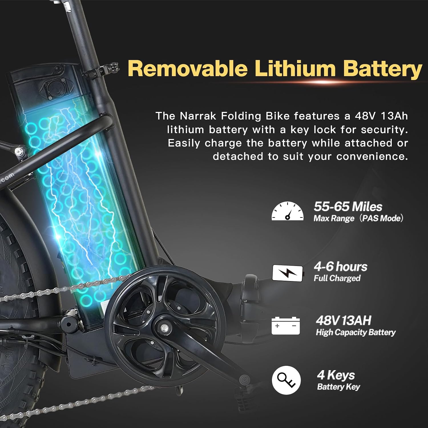 NARRAK Fat Tire Folding Electric Bike, 48V & 624Wh Lithium Removable Battery, Peak 1100W Brushless Motor, Max Speed 20Mph, M5 Large LCD Display, Suspension, Step-Over/Thru Frame