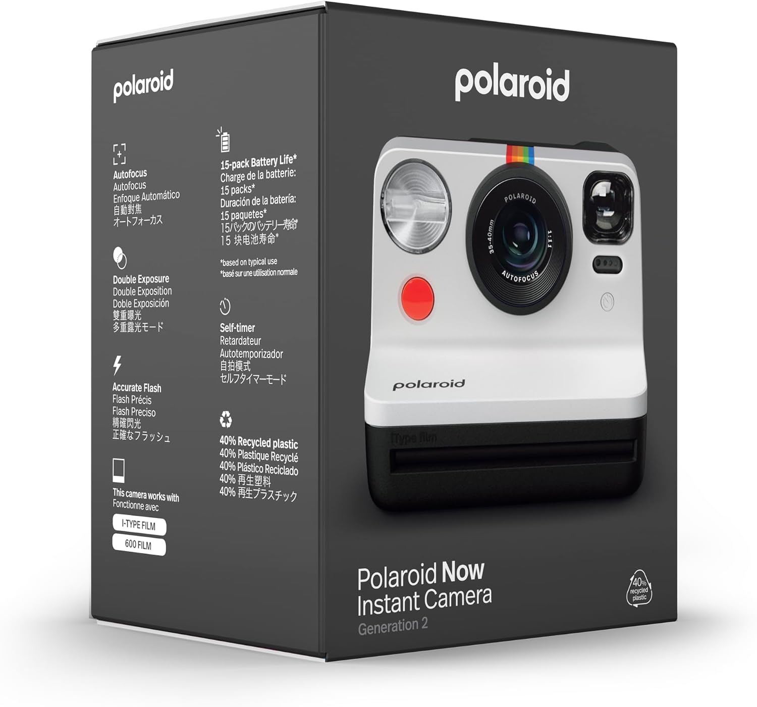 Polaroid Now 2nd Generation I-Type Instant Film Camera - Black & White (9072)