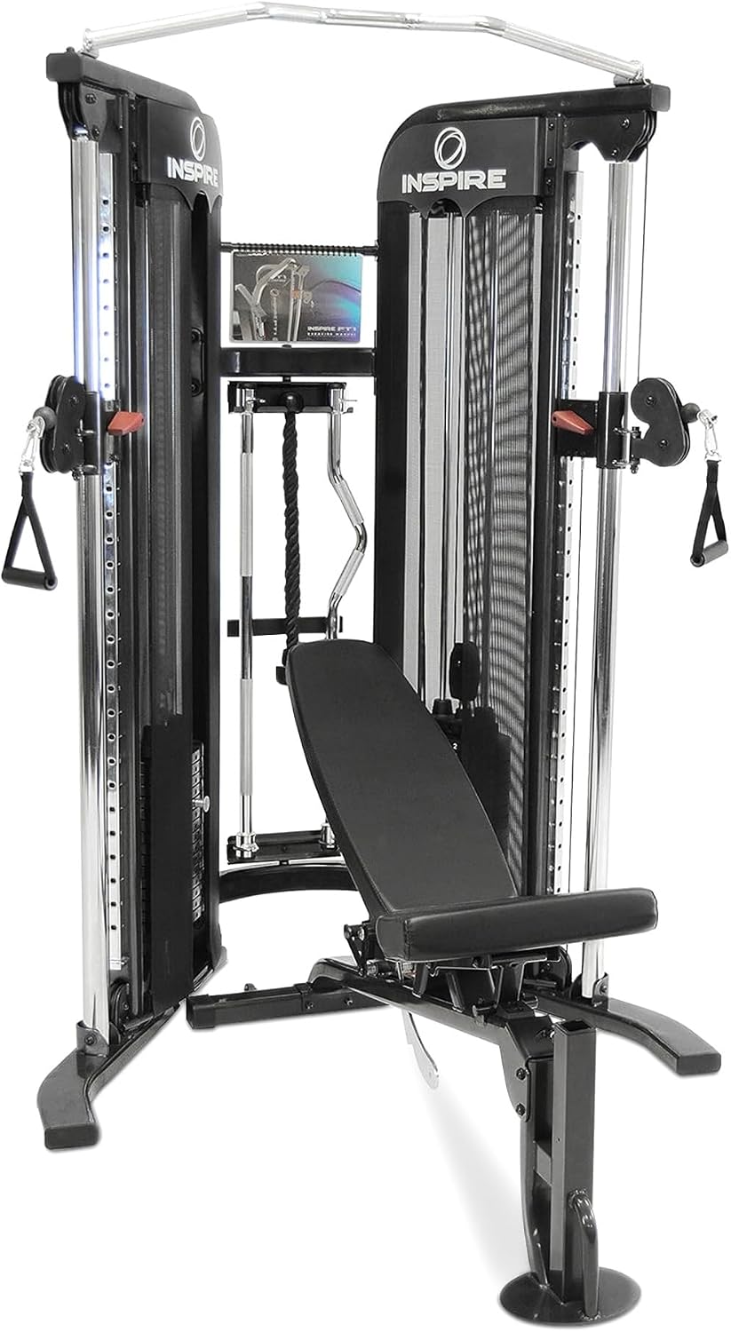 Inspire Fitness FT1 Functional Trainer with Bench - Compact at Home Workout Machine with Accessories - Two 165 lb Weight Stacks - Smooth Glide Cable Machine with Weight Bench