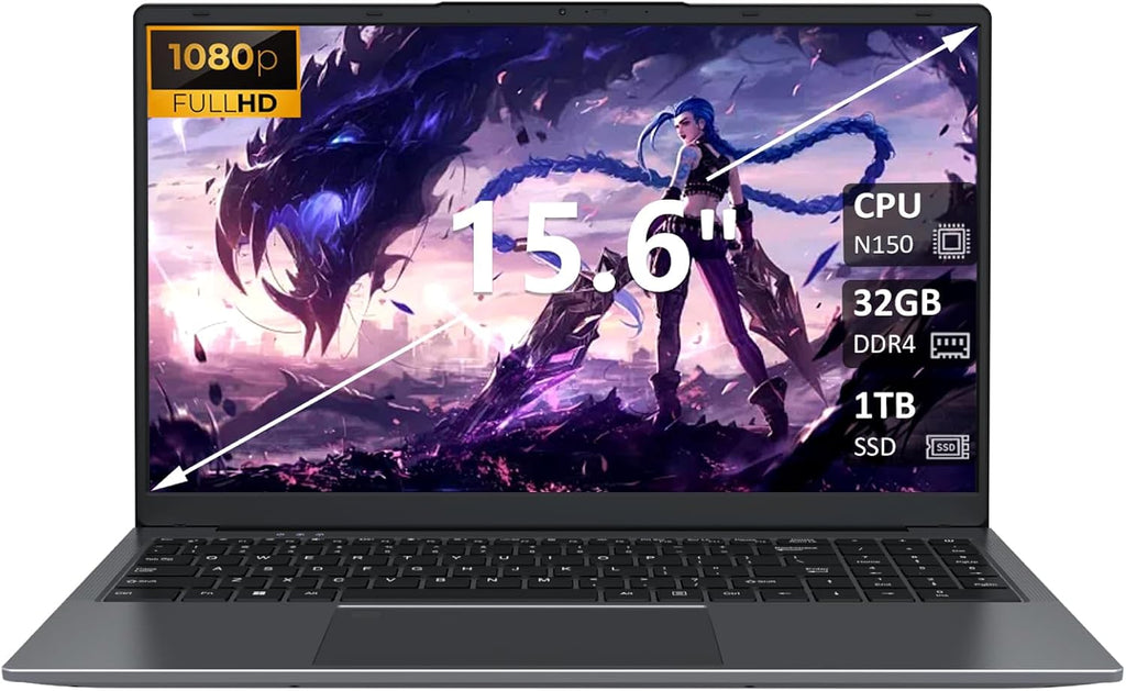32GB RAM Laptop Computer with 1TB NVMe SSD, Intel N150 Quad-Core Processor(Up to 3.6GHz), 15.6' FHD IPS Display, 8000mAh Battery, Backlit Keyboard, Privacy Webcam, Fingerprint Unlock, Win11 Pro