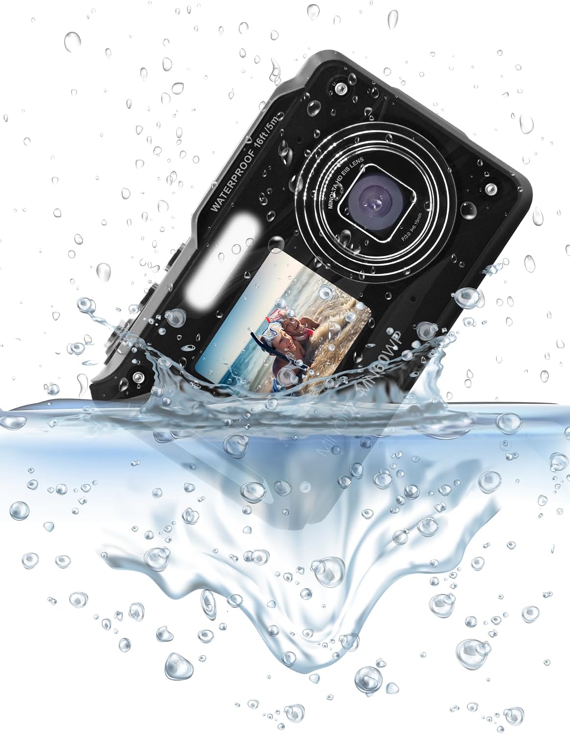 Minolta Waterproof Digital Camera - 48MP Photos, 4K UHD Video, Dual LCD Screens, 16ft Waterproof, 16X Zoom, Anti-Shake, Slow Motion, Compact Point-and-Shoot for Travel & Underwater (Black)