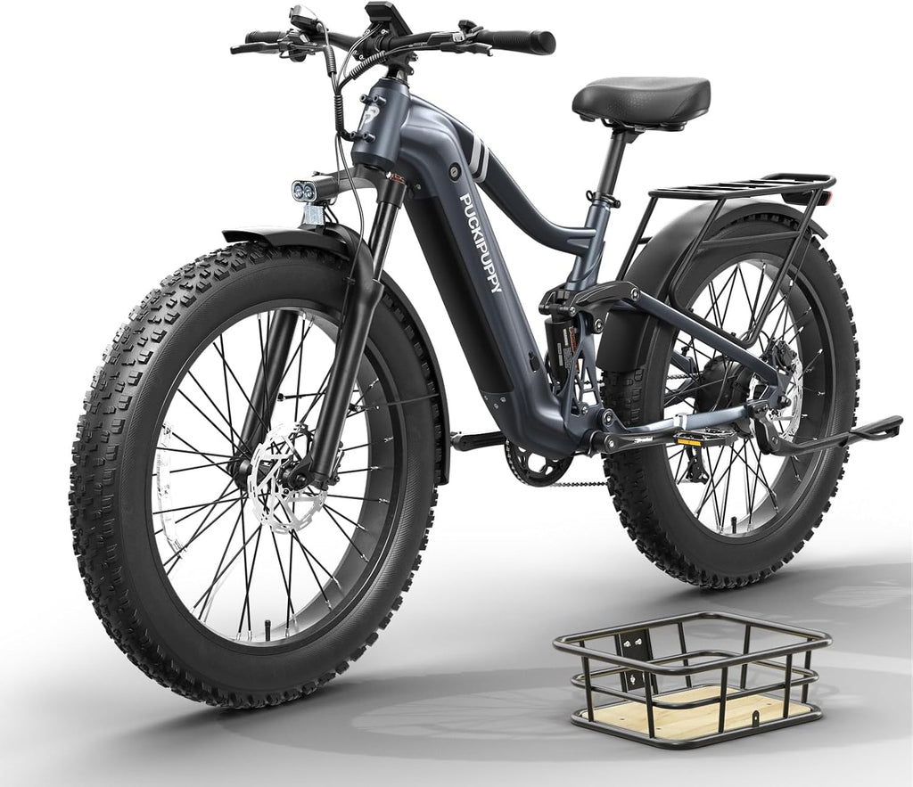 PUCKIPUPPY Electric Bike for Adults 960W, 48V 20AH Battery Adult Ebike, Full Suspension 26' Fat Tire E Bike, 28MPH 80Miles Range Mountain Electric Bicycle, 7 Speed, Hydraulic Disc Brakes