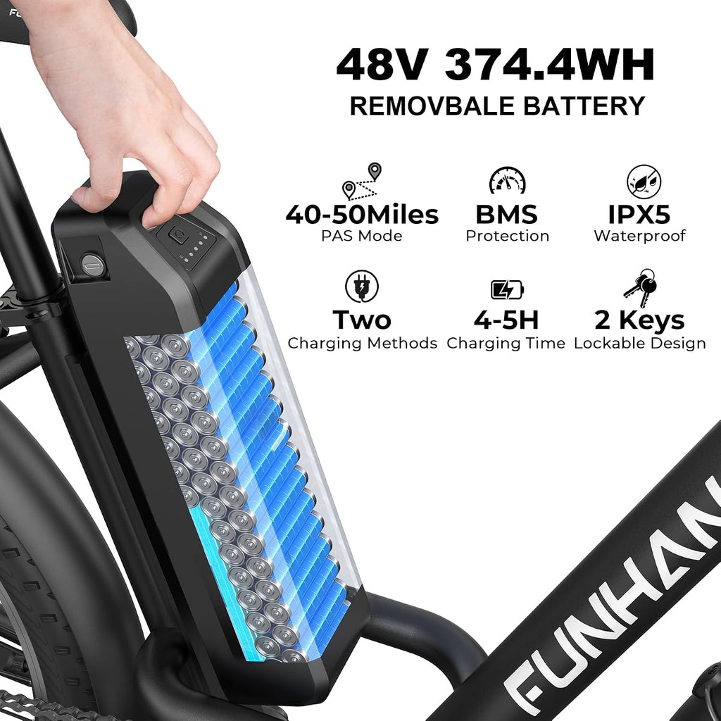 Funhang Electric Bike for Adults, 26' City Cruiser Ebike with 1000W Peak Motor, 20MPH 50 Miles Commuter Adult Electric Bicycles with 48V Battery, Adjustable Stem, 7-Speed, UL 2849 Certified