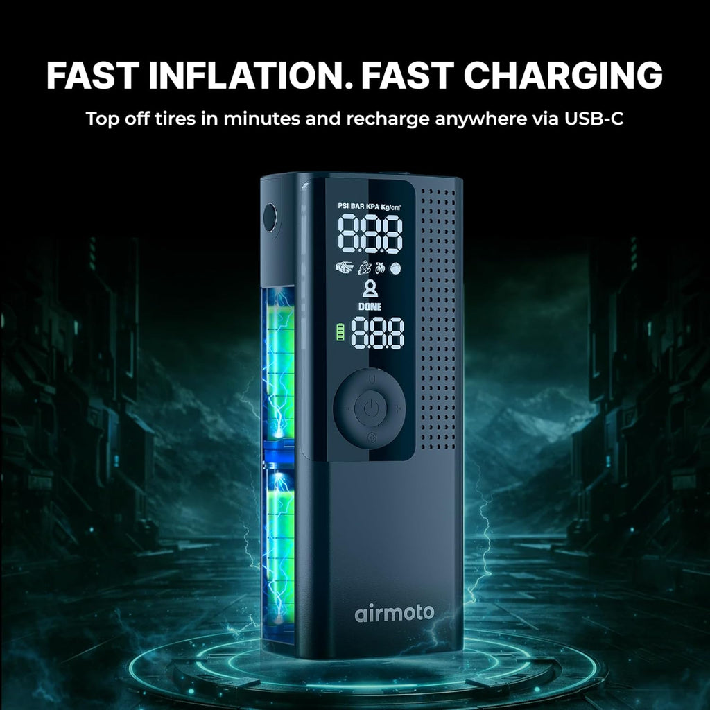 Airmoto Tire Inflator Portable Air Compressor - Air Pump for Car Tires with Digital Pressure Gauge, LED Light and Auto Shut-Off Function - Cordless Pump for Car, Motorcycle, Bicycle, Ball (Pack of 4)