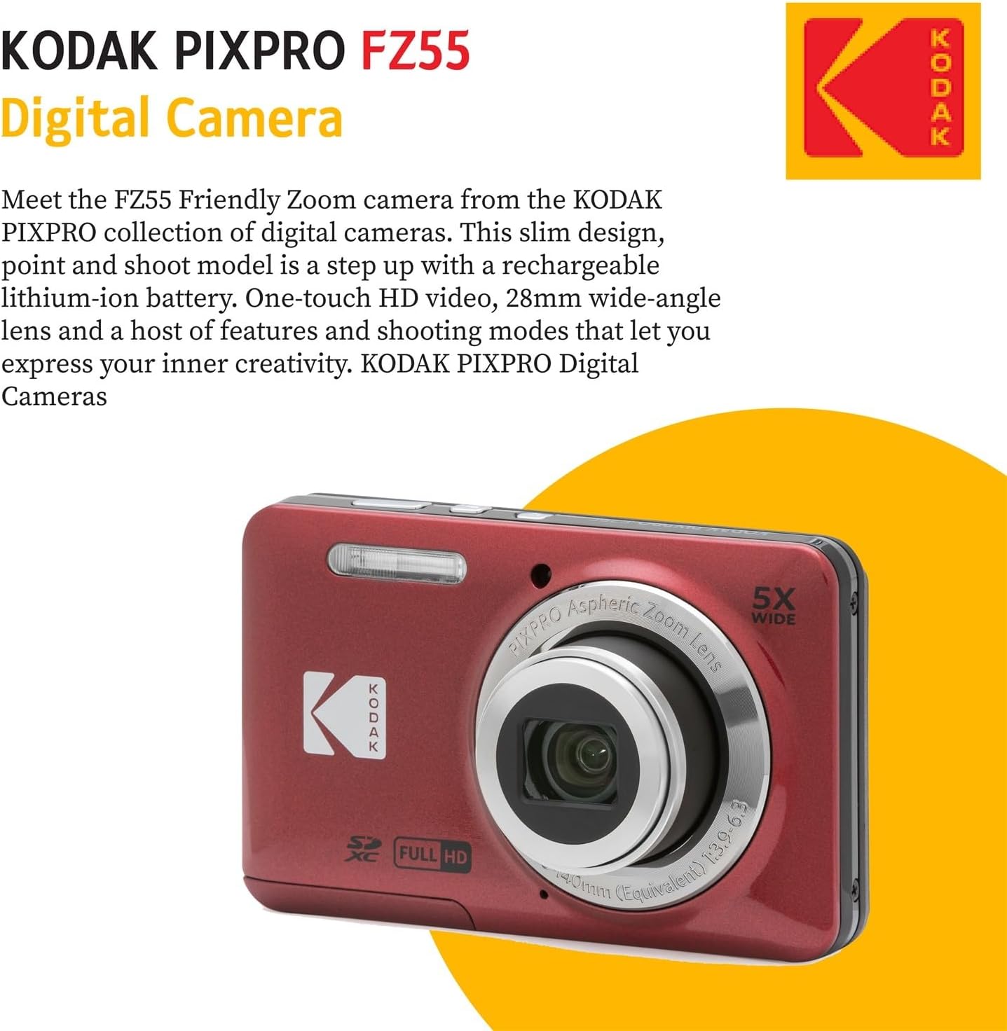 KODAK PIXPRO FZ55 16MP Digital Point & Shoot Camera, 5X Optical Zoom, 28mm Wide Angle, 1080P Full HD Video, Bundle with 32GB SD Card, Protective Case, and Hi-Speed Card Reader (Red)