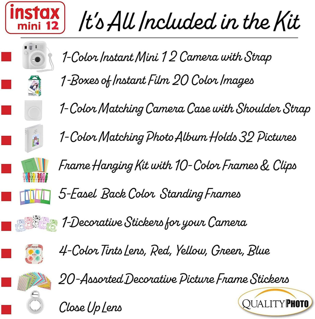Fujifilm Instax Mini 12 Instant Camera + 20 Photo Prints + Quality Photo Value Bundle, Case, Decoration Stickers, Frames, Photo Album, (Clay White)