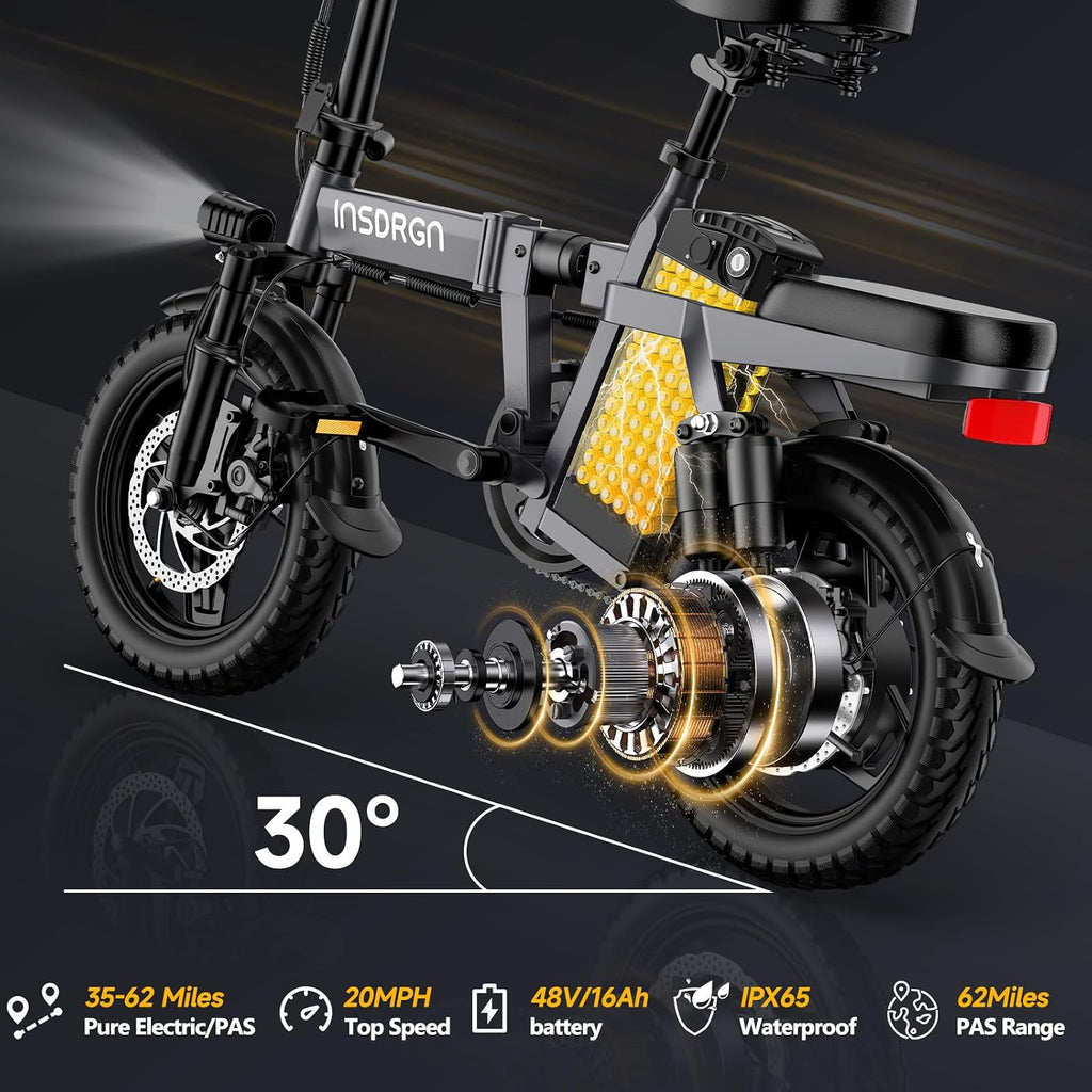 INSDRGN Folding Electric Bike for Adults Teens, Peak 1500W, 62 Miles PAS Range, 48V 16AH Removable Li Battery Ebike, 9 Shocks Full Suspension, 20 MPH Electric Bicycle, UL2849 Certified