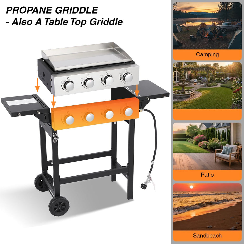 Propane Gas Griddle 4-Burner, Flat Top Grill Griddle, Outdoor Gas Stove with Foldable Side Tables, Wheels - 40,000 BTUs Output, 291 sq.in Cooking Area, for Patio Barbecue, Backyard, BBQ